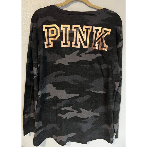 Victorias Secret PINK Long Sleeve Relaxed CAMO Shirt L Rose Gold Letters On Back - Picture 3 of 9